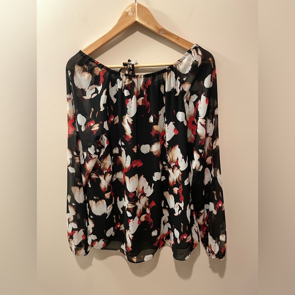 White House Black Market Pink and White Blouse with 3/4 Sleeves and Tie Front